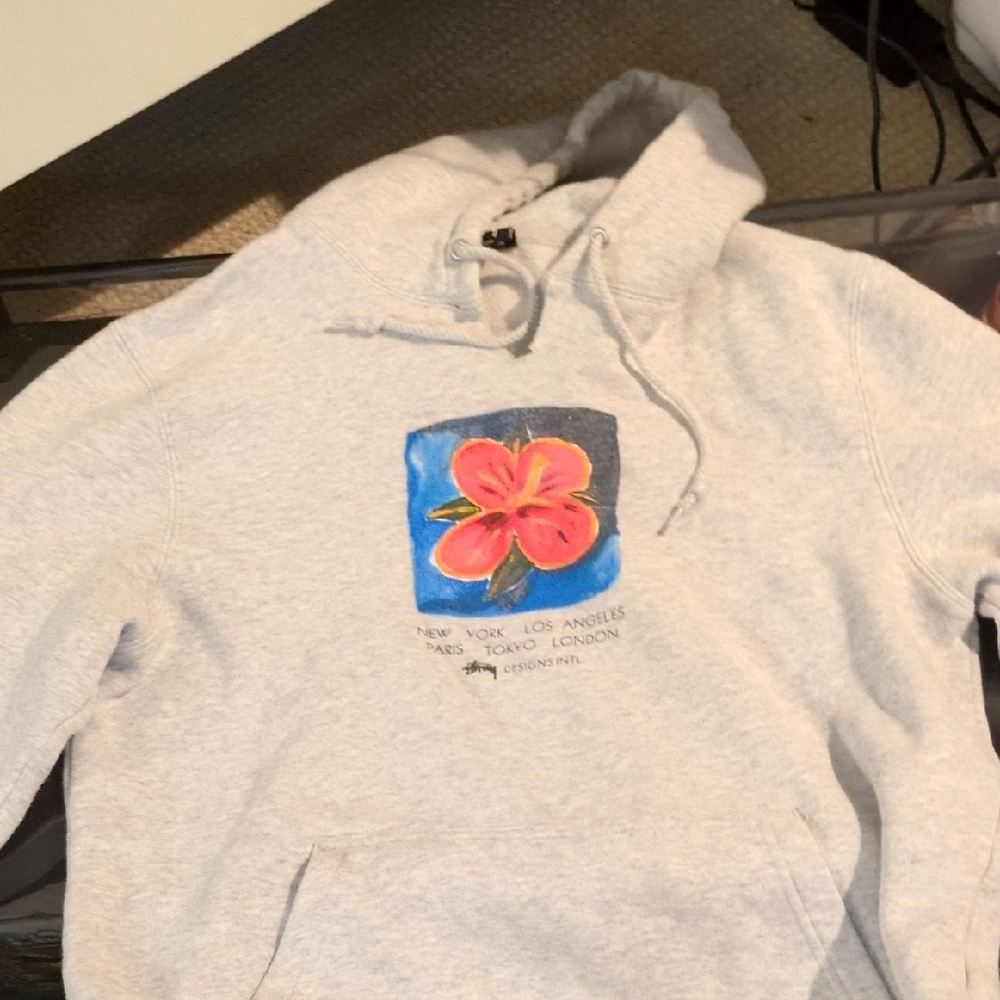 Gray Hoodie with Floral Graphic Stussy Hoddie